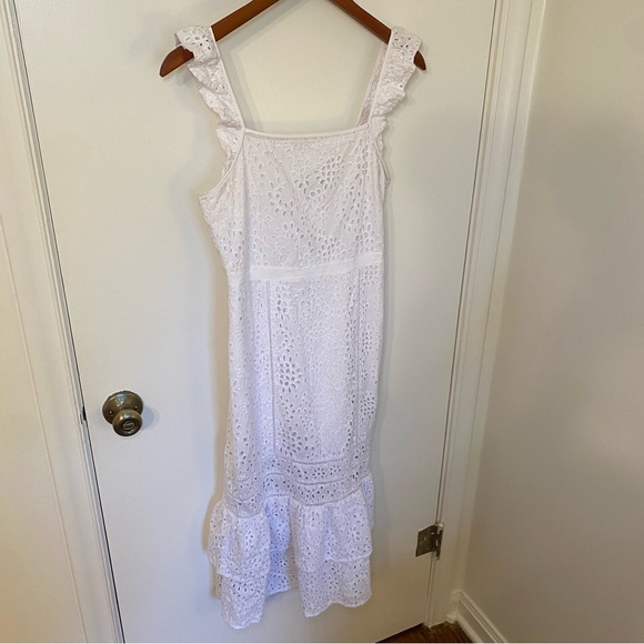 Banana Republic Eyelet Pinafore Dress Midi White Lace Ruffle Square Neck Size 2 - Picture 3 of 11